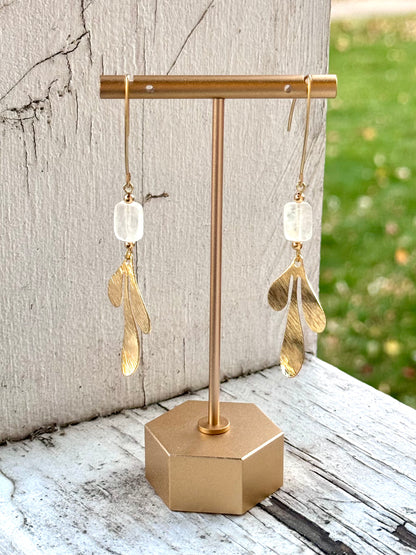 Botanical Dew Drop + Calcite Gold Dangle Earrings