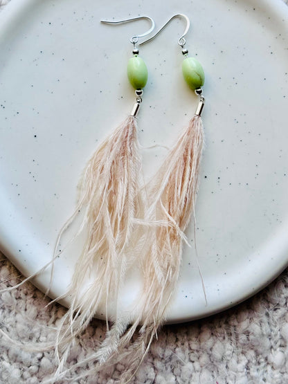 Chrysoprase + Silver Blonde Feather Earrings