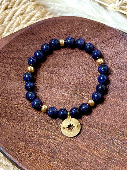 Blue Goldstone + Gold Chunky Charm Band