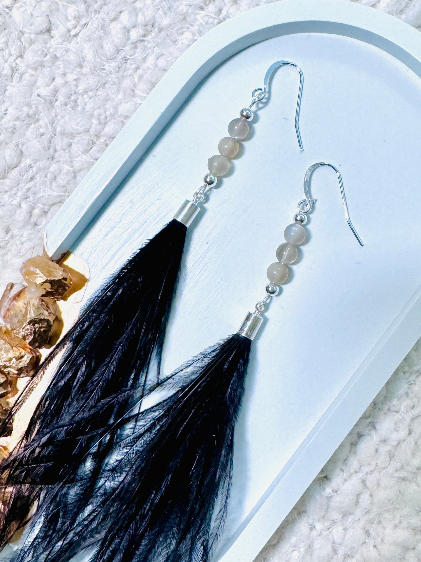 Gray Moonstone + Silver Black Feather Earrings