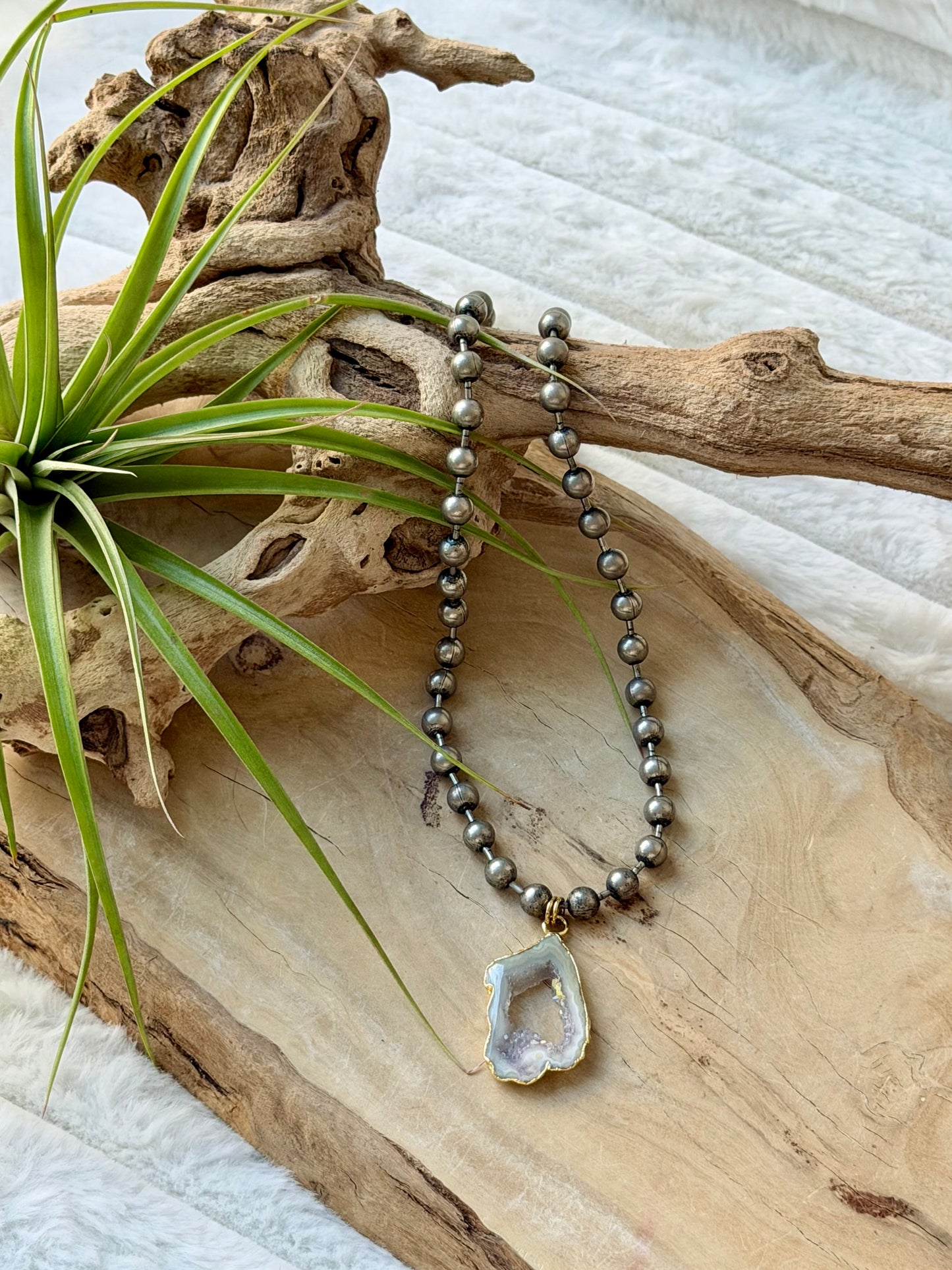 Agate + Antique Silver Ball Chain Necklace