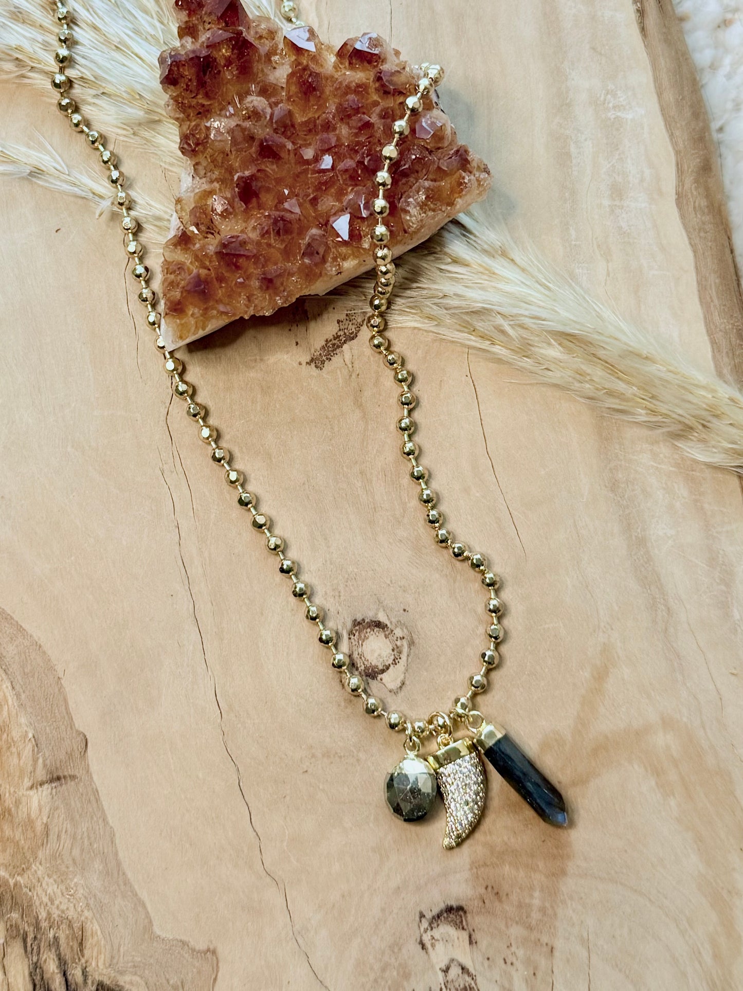 Labradorite + Pyrite Gold Charm Necklace