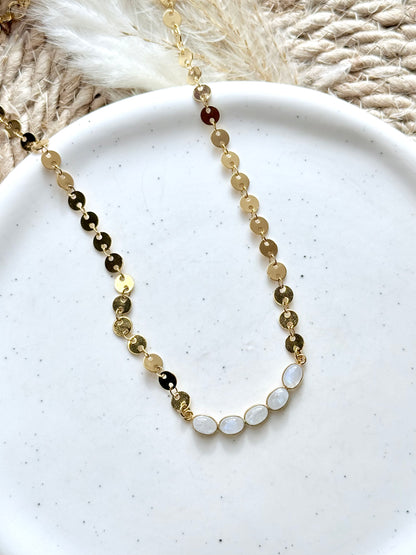 Rainbow Moonstone + Gold Curved Sequin Necklace