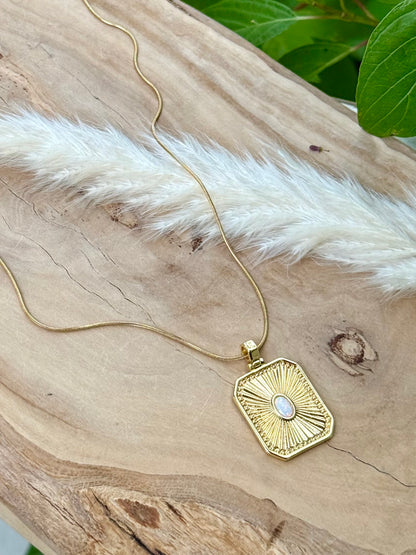 Opal + Gold Rectangle Pendant Necklace