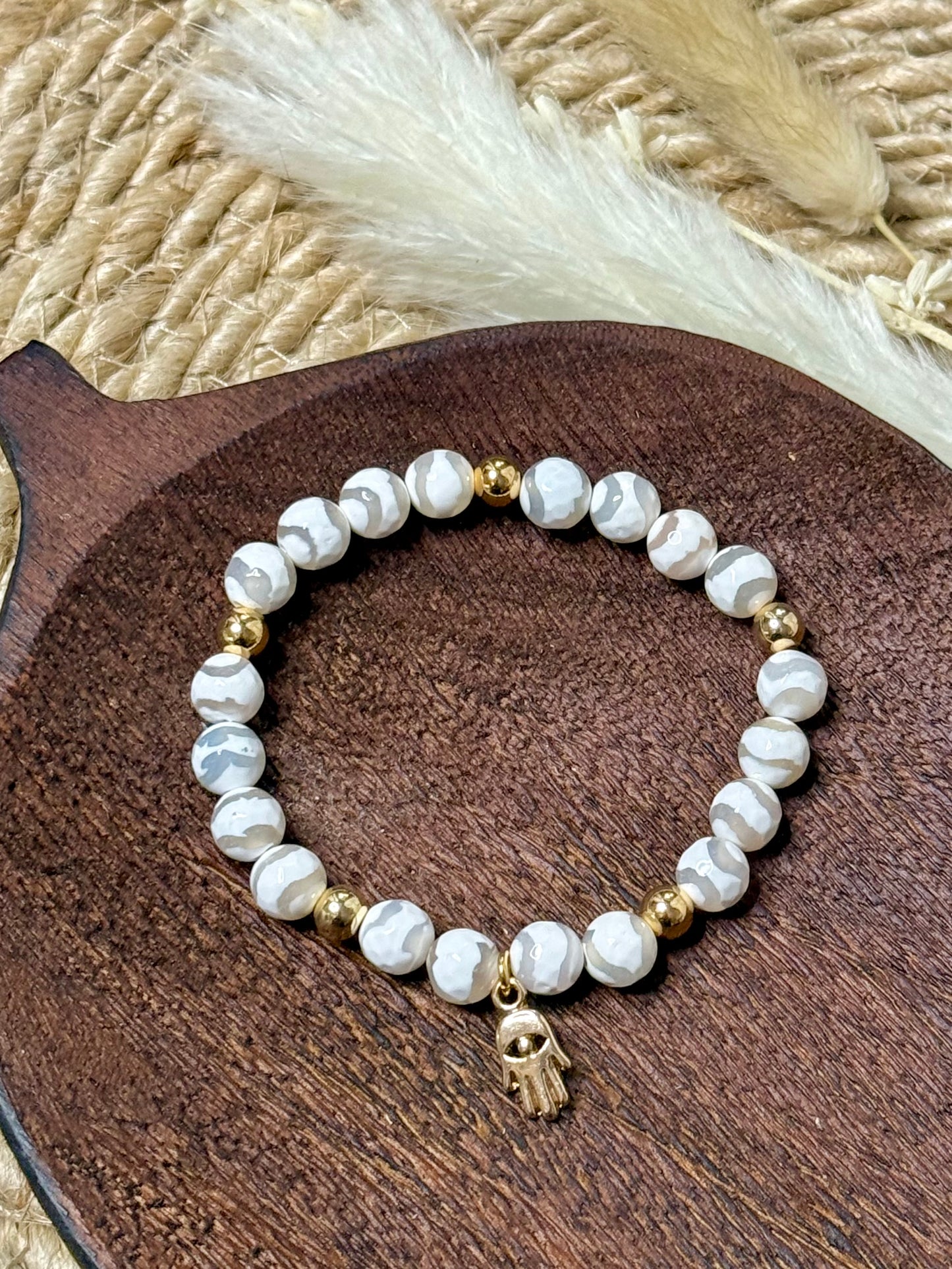 White Wavy Tibetan Agate + Gold Chunky Charm Band