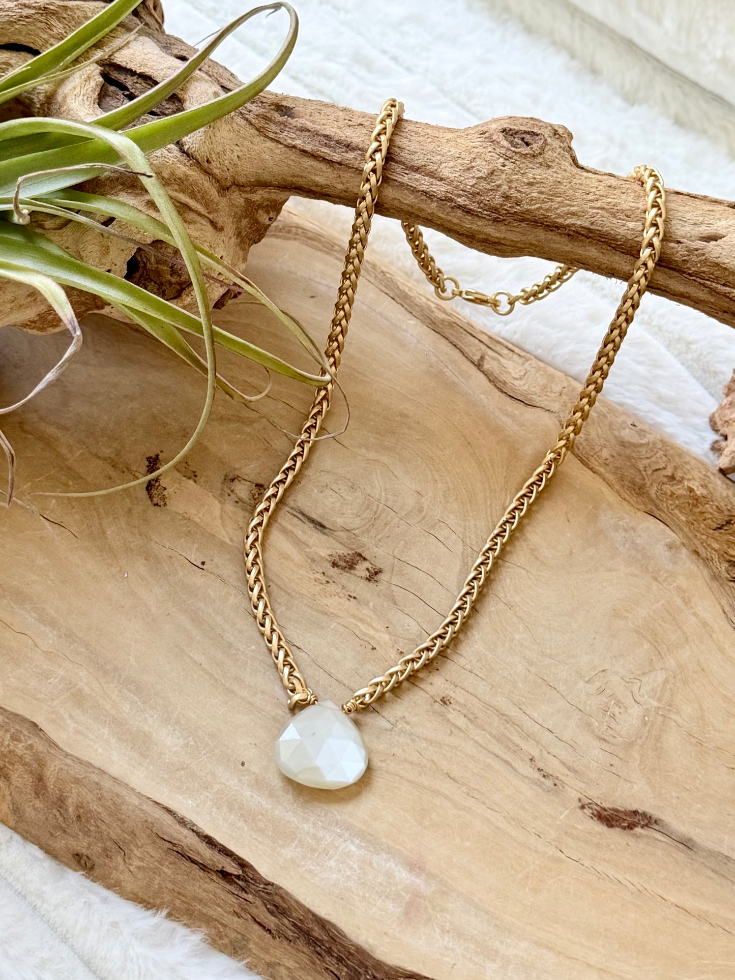 Gray Moonstone + Matte Gold Necklace