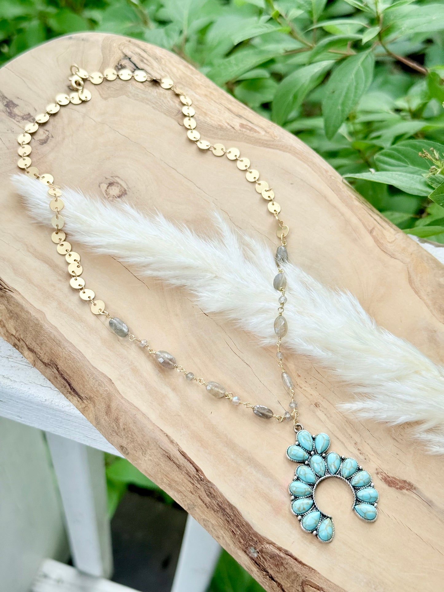 Turquoise + Mixed Metal Squash Blossom Necklace