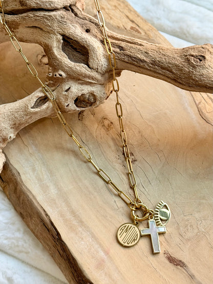 Mother of Pearl Cross + Gold Stainless Steel Necklace