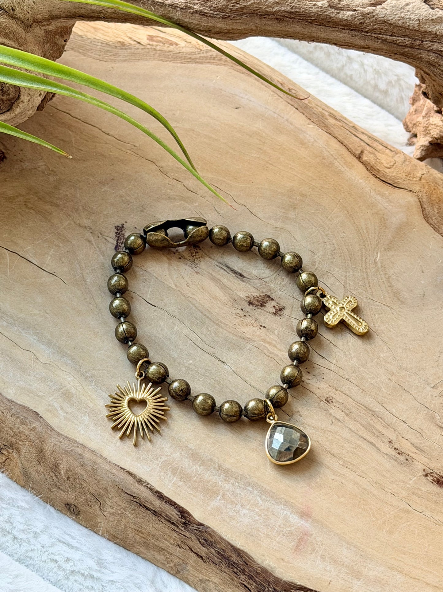 Pyrite + Brass Ball Charm Bracelet