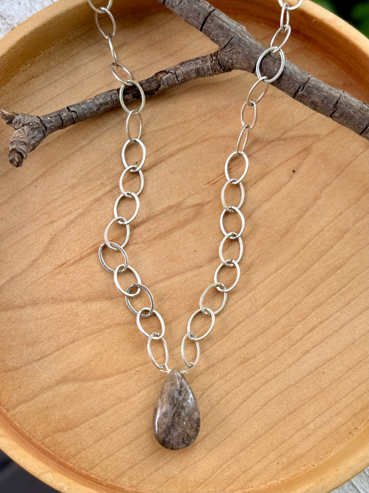 Moss Agate + Antique Silver Chain Necklace