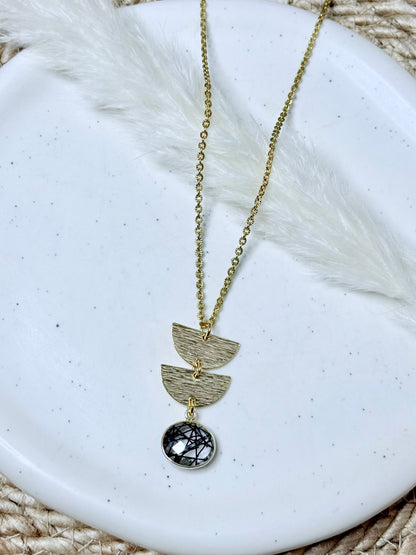 Tourmalated Quartz + Gold Half Moon Necklace