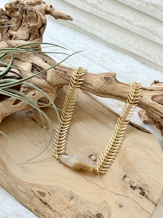 Golden Phantom Agate + Matte Gold Fishbone Necklace