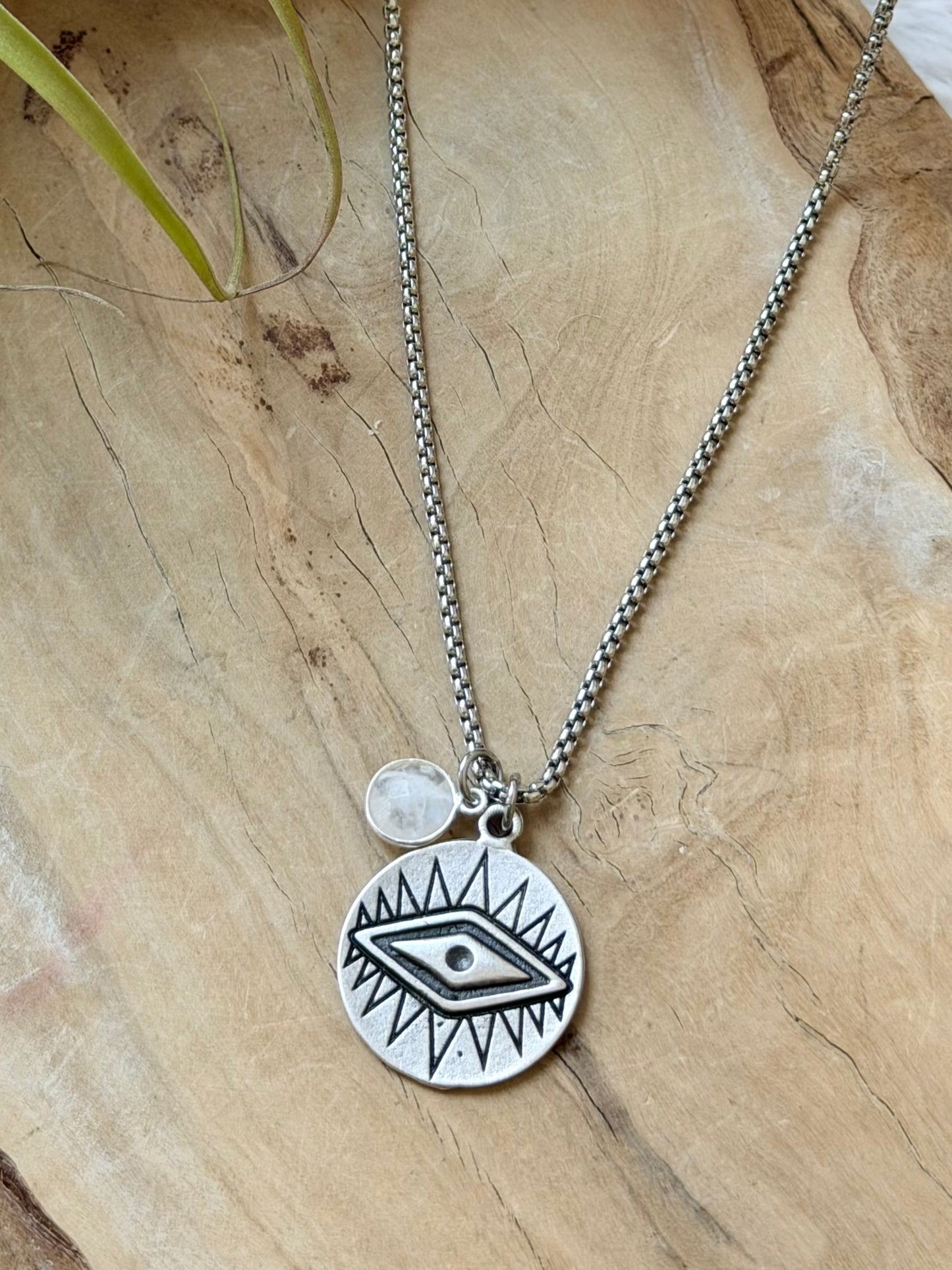 Rainbow Moonstone + Silver Evil Eye Necklace