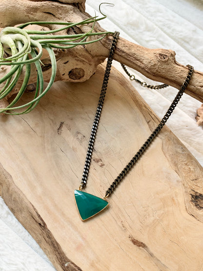 Green Onyx Triangle + Antique Brass Necklace