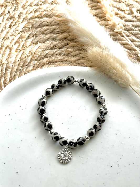 Black + White Spotted Tibetan Agate + Silver Chunky Charm Band