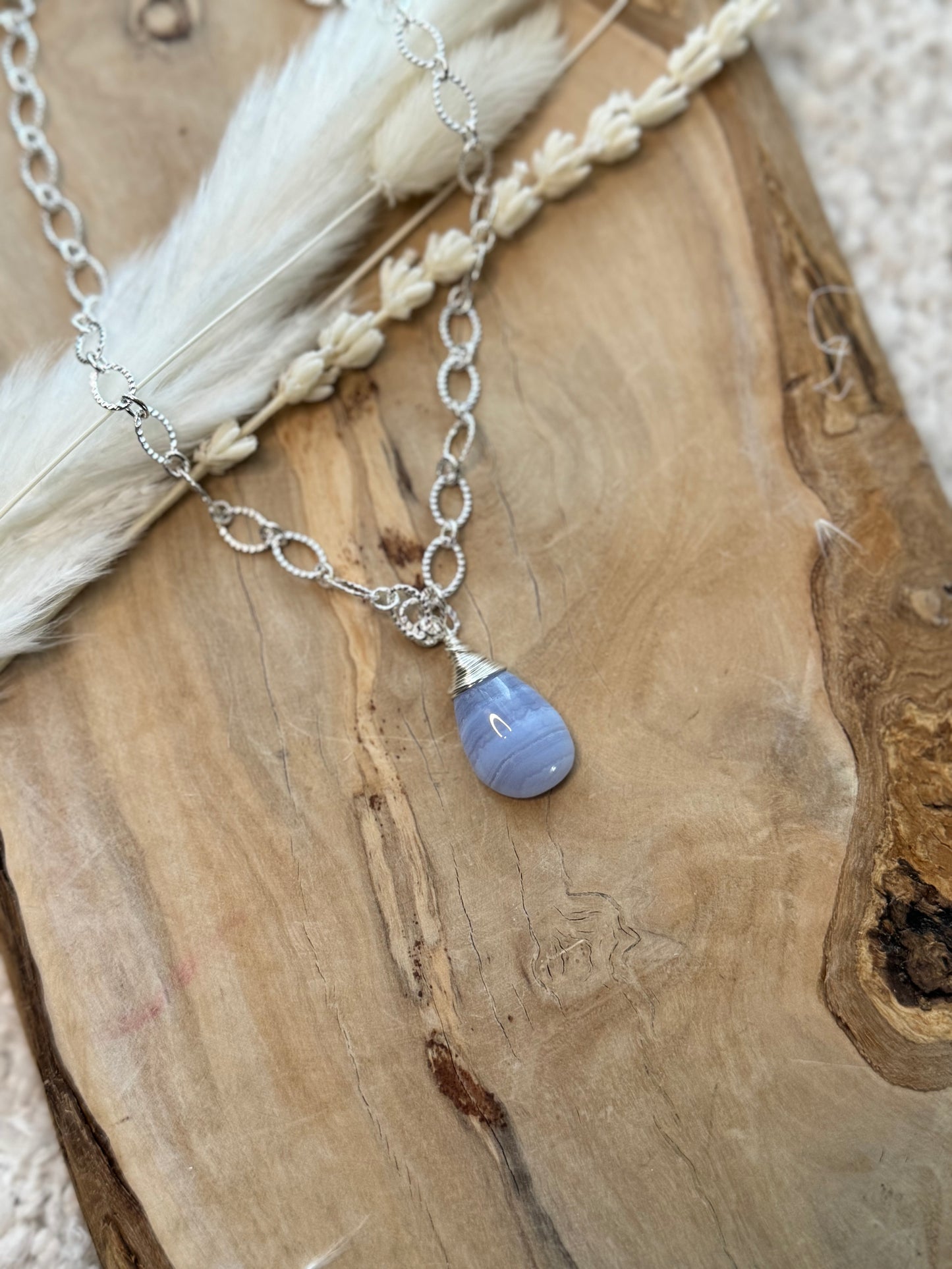 Blue Lace Agate + Silver Pendant Necklace