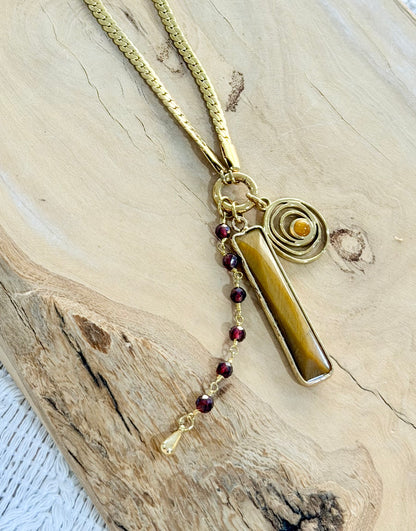 Tiger Eye + Garnet Gold Stainless Steel Carabiner Charm Necklace
