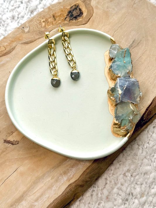 Gray Moonstone + Gold Curb Chain Earrings