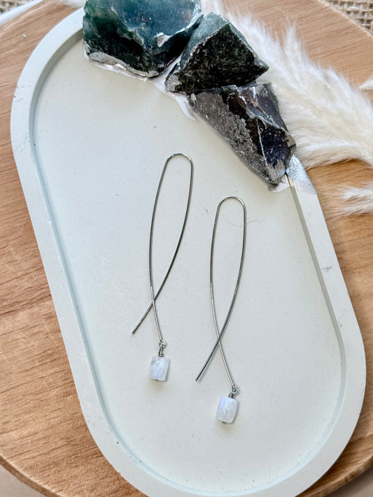 Rainbow Moonstone + Silver Twister Threader Earrings