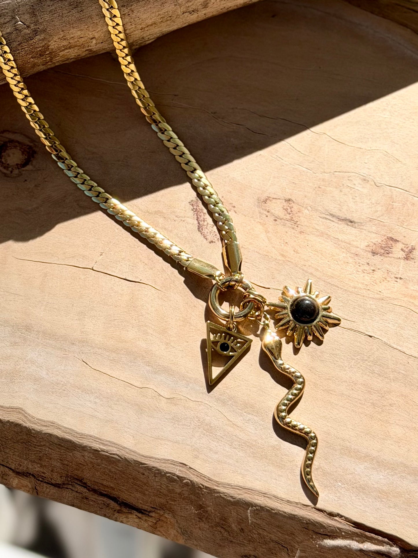 Black Onyx + Gold Stainless Steel Carabiner Charm Necklace