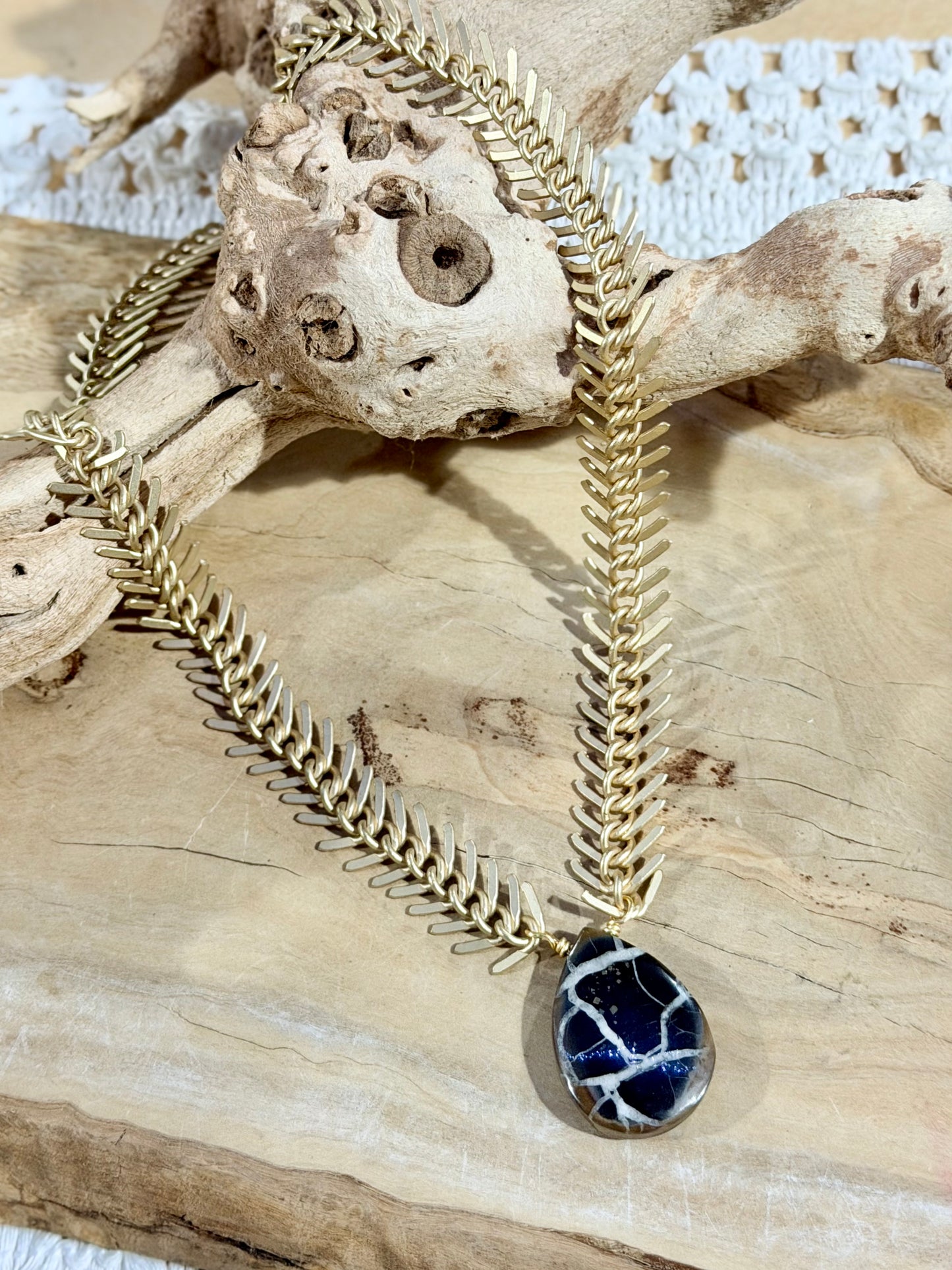 Septarian Fossil + Matte Gold Fishbone Chain Necklace