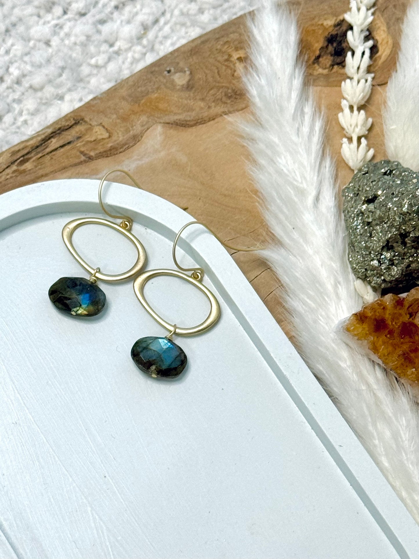 Labradorite + Matte Gold Oval Earrings