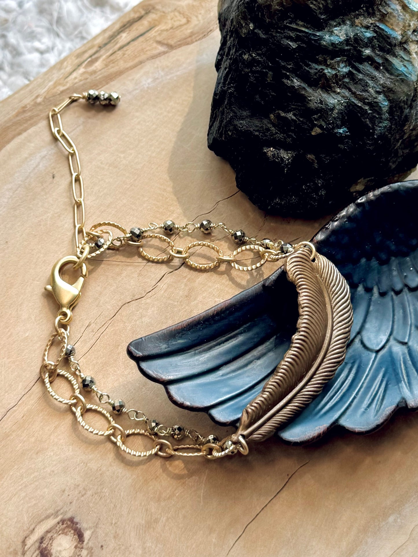 Brass Feather + Pyrite Matte Gold Chain Bracelet