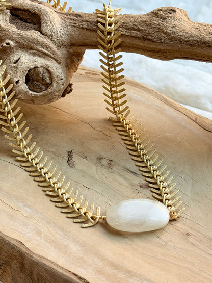 Moonstone + Matte Gold Fishbone Chain Necklace