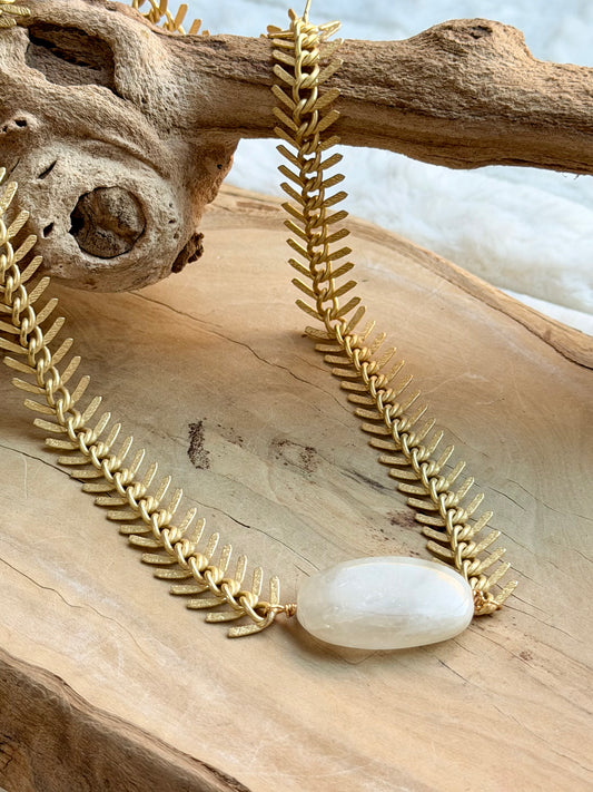 Moonstone + Matte Gold Fishbone Chain Necklace