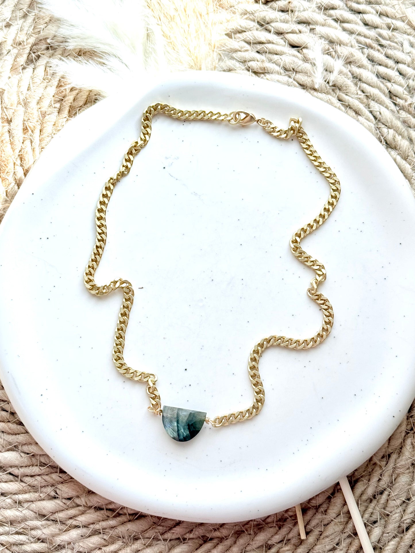 Labradorite + Matte Gold Half Moon Necklace