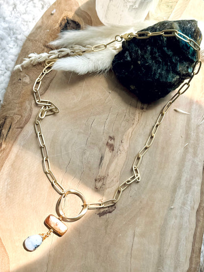 Freshwater Pearl + Dendritic Opal, Matte Gold Eternity Necklace