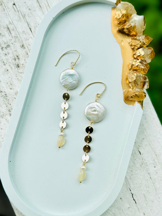 Freshwater Pearl + Ethiopian Opal in Gold Drop Earrings