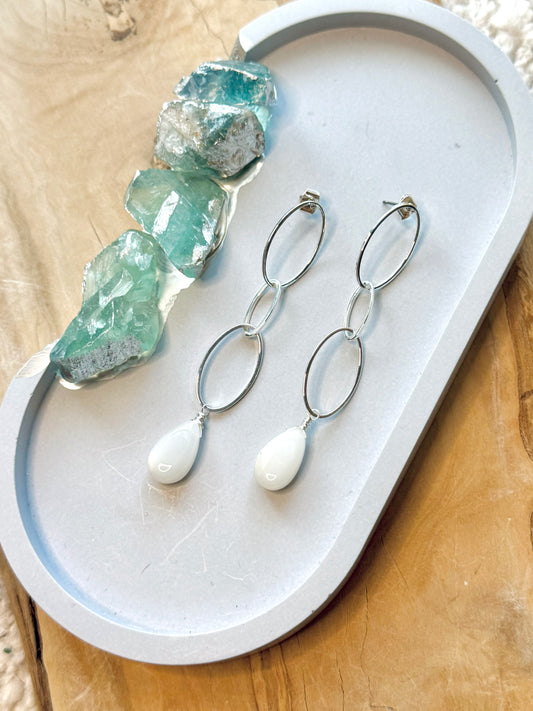 White Opal Teardrops + Silver Oval Earrings