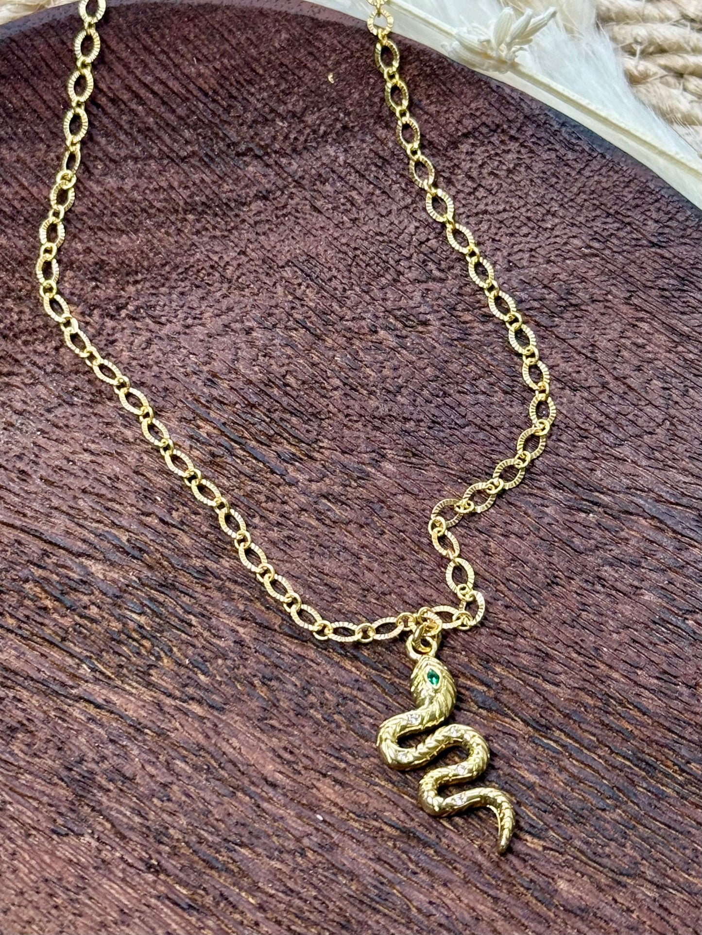 Green Eye + Gold Snake Necklace