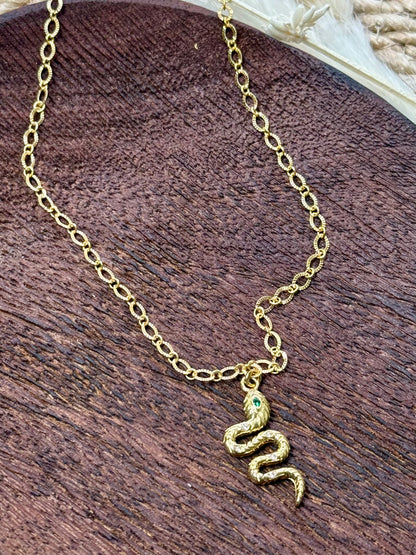 Green Eye + Gold Snake Necklace