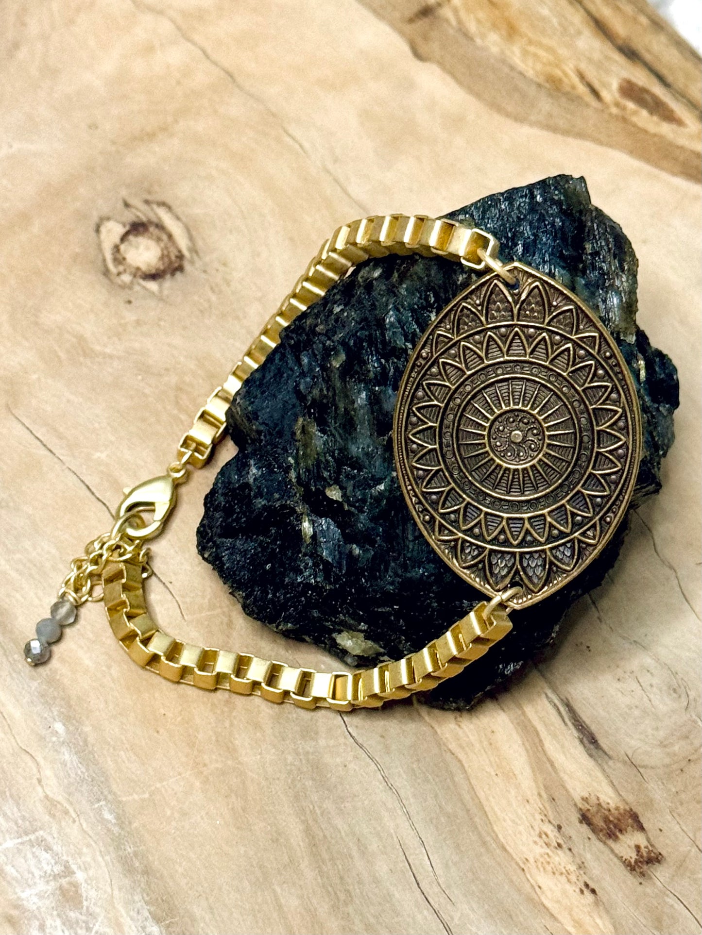 Brass Mandala Eye + Matte Gold Chain Bracelet