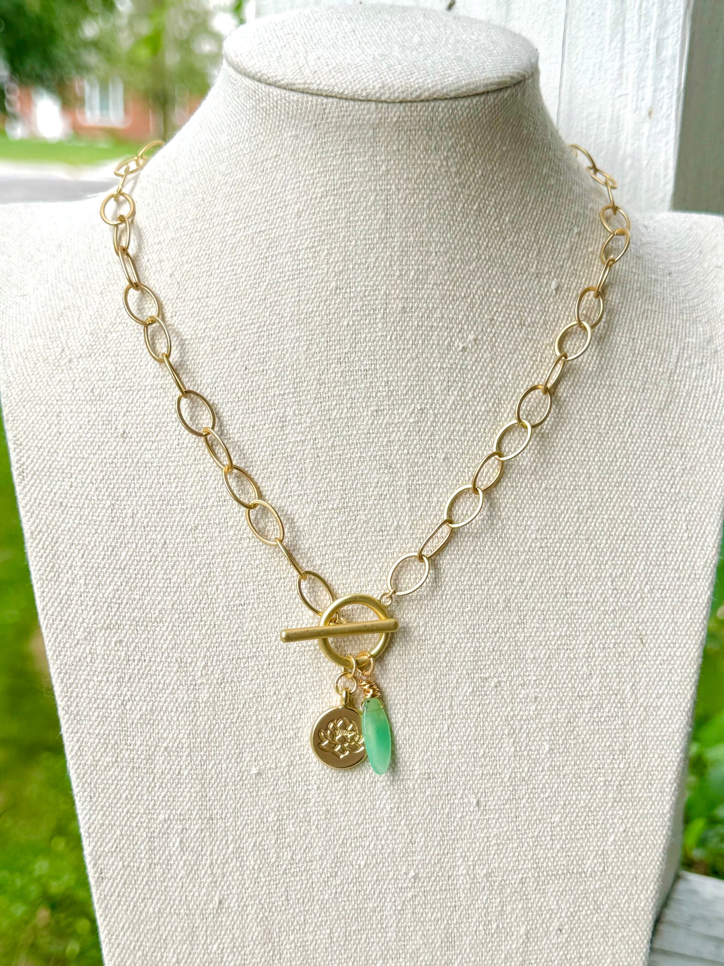 Chrysoprase + Matte Gold Charm Toggle Necklace