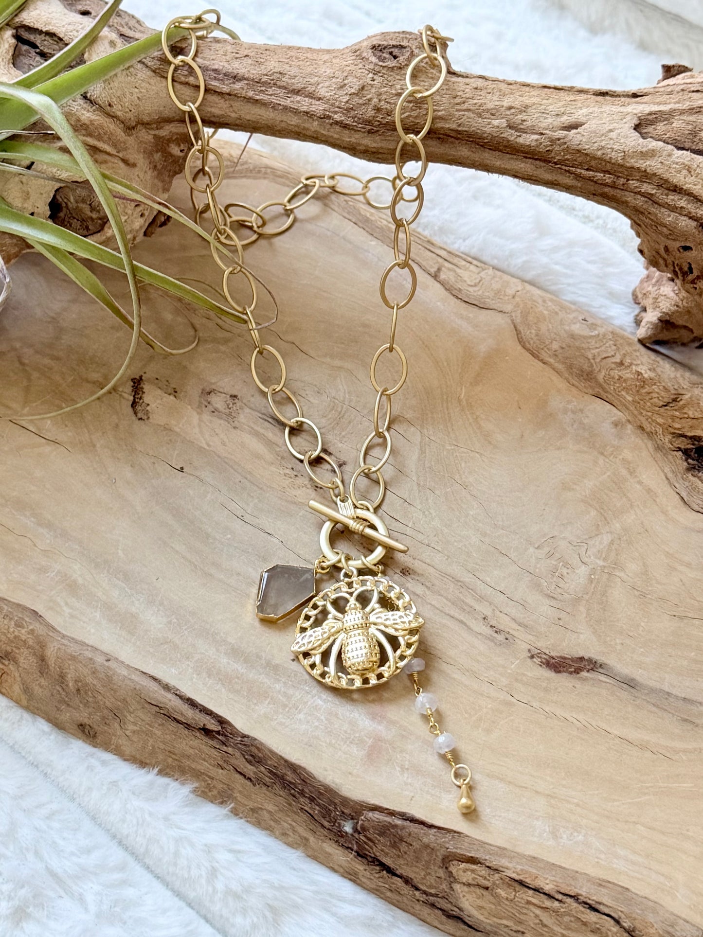 Moonstone + Rutile Quartz Gold Bee Toggle Necklace