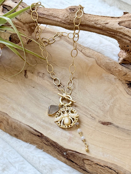 Moonstone + Rutile Quartz Gold Bee Toggle Necklace