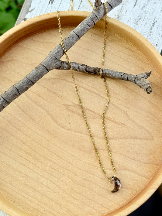 Smoky Quartz Moon + Gold Stainless Steel Necklace