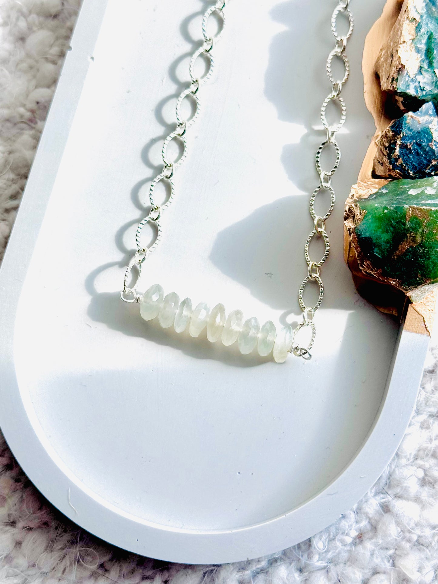 Gray Moonstone + Silver Chain Bar Necklace