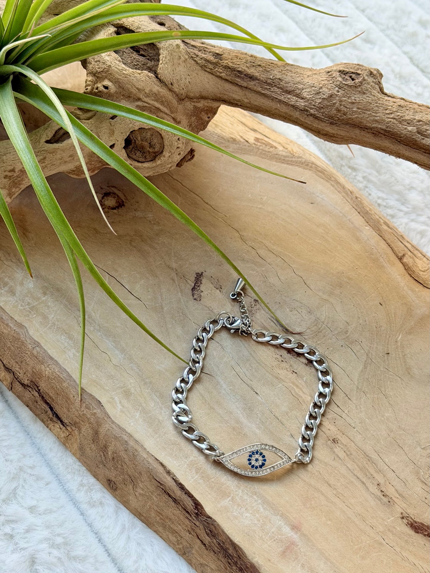 Wavy Evil Eye + Silver Curb Chain Bracelet
