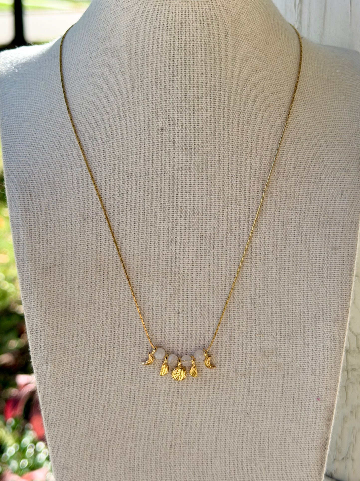 Rainbow Moonstone + Gold Moon Phases Necklace