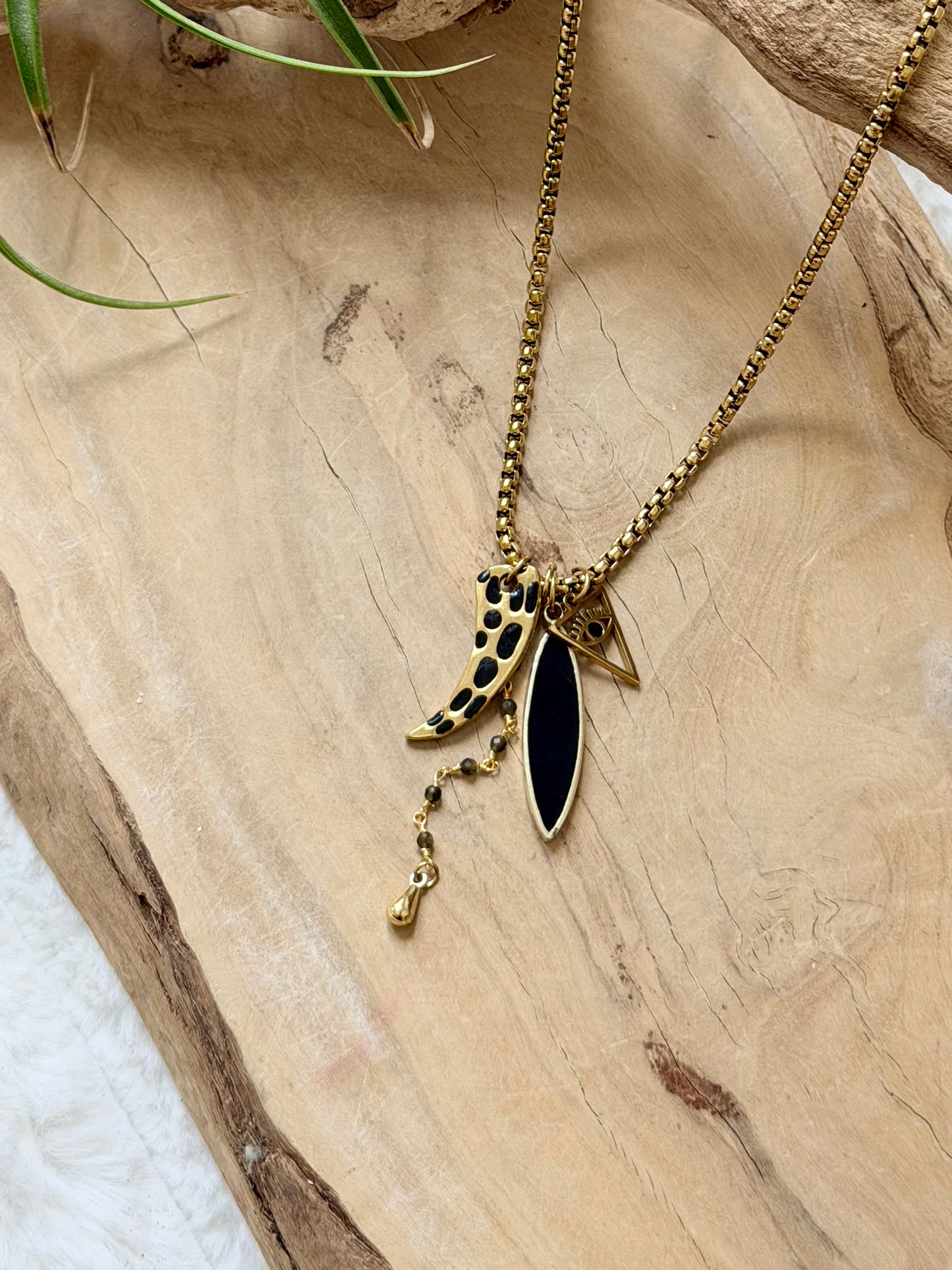 Leopard + Onyx Gold Stainless Steel Necklace