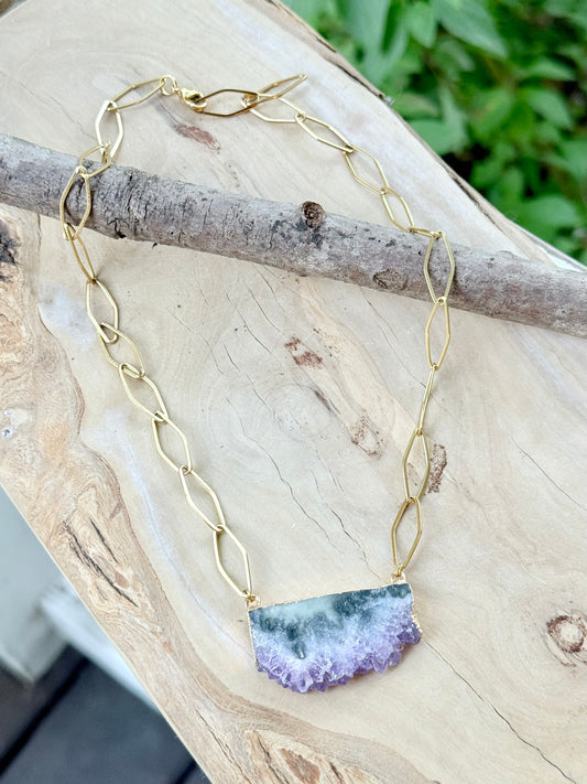 Amethyst Slice + Gold Stainless Steel Chain Necklace