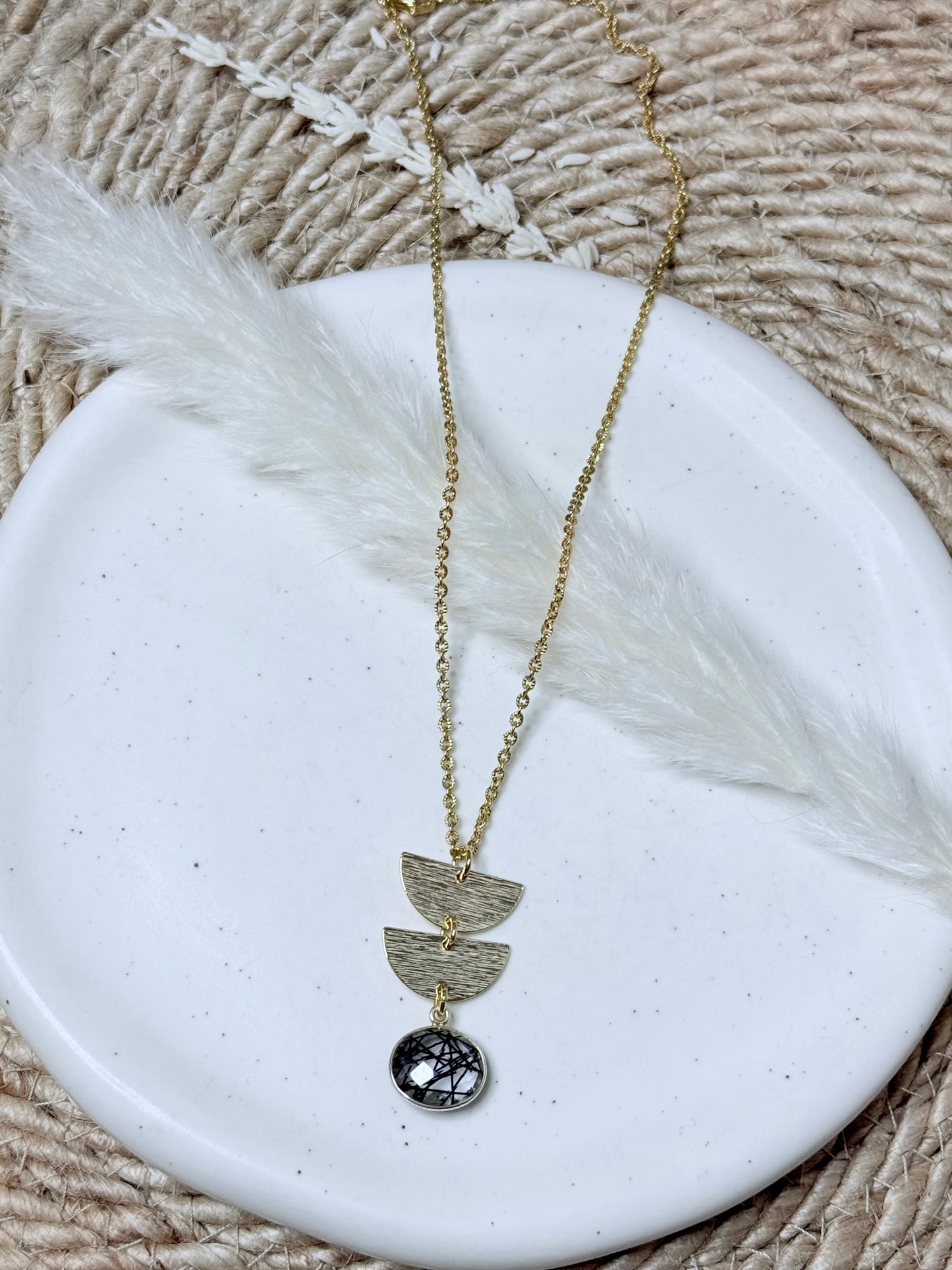 Tourmalated Quartz + Gold Half Moon Necklace