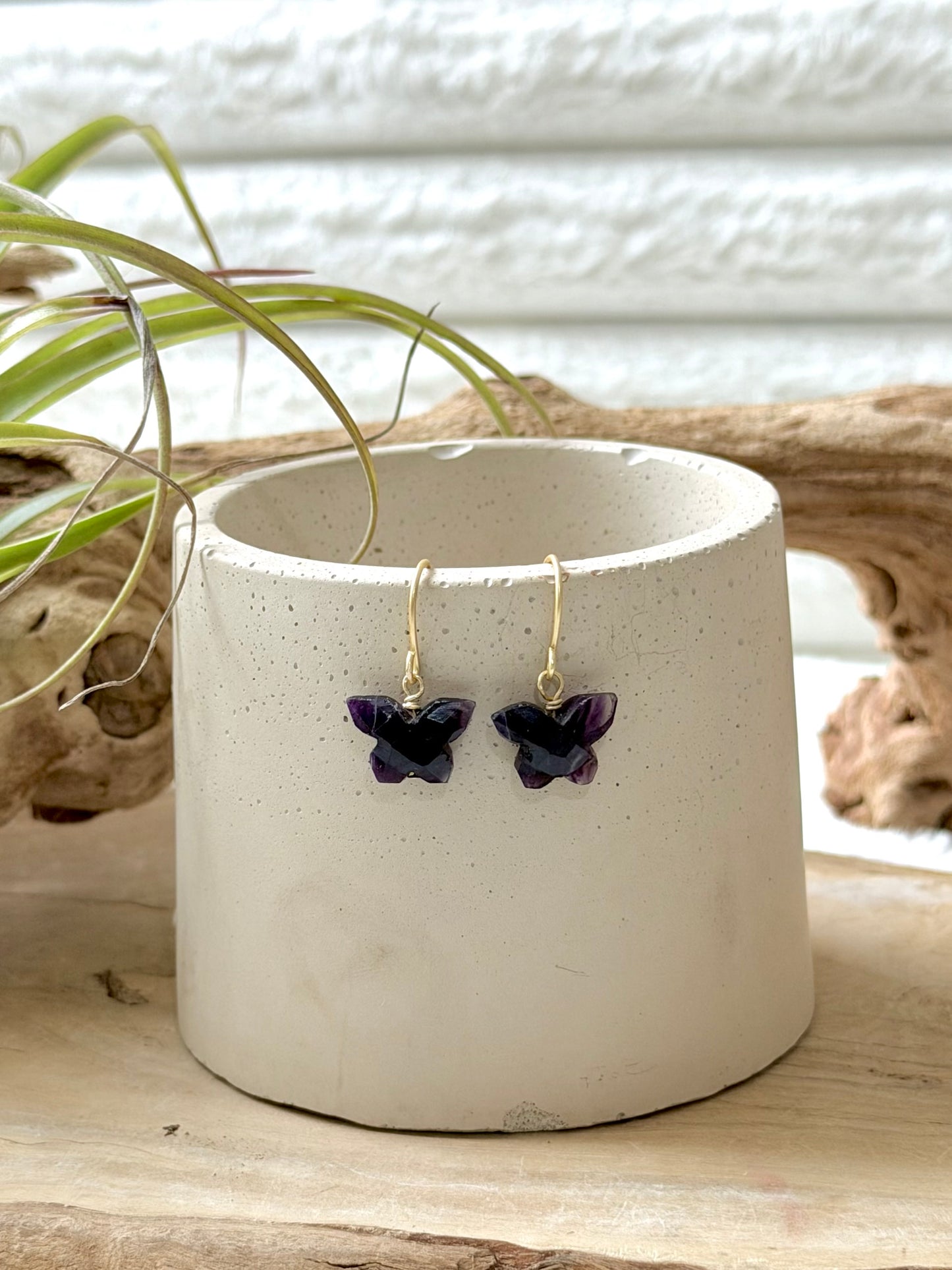 Purple Fluorite + Matte Gold Butterfly Earrings