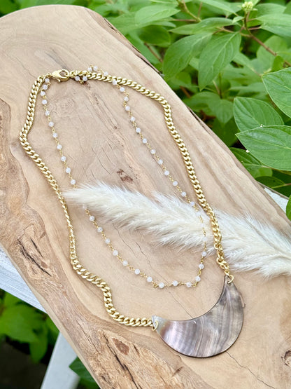 Mother of Pearl Crescent + Moonstone Matte Gold Duet Necklace