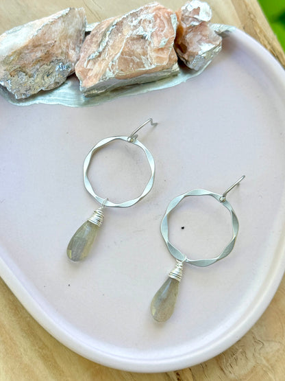 Labradorite + Matte Silver Circle Earrings