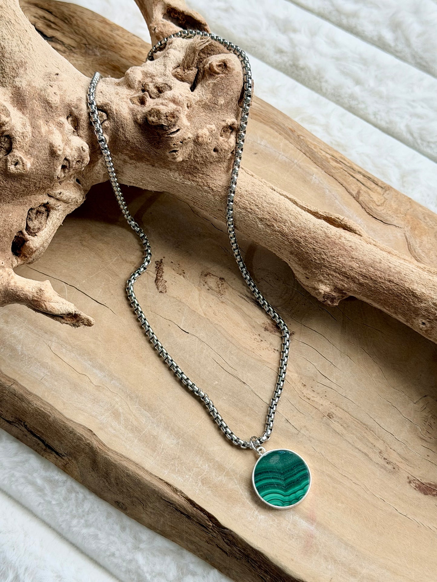 Malachite + Stainless Steel Circle Necklace